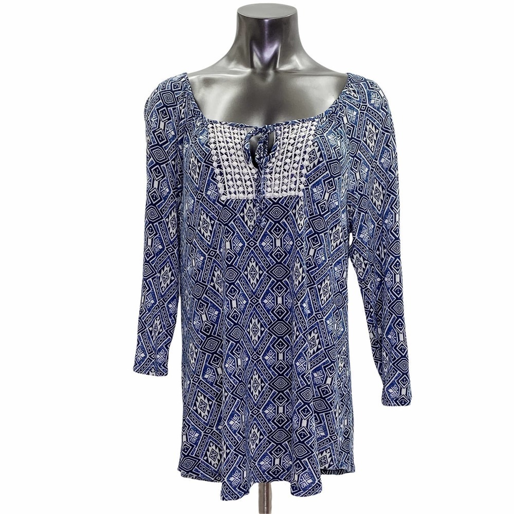 PERSEPTION Concept Blue & White Geometric Print Tie Bust Keyhole Blouse